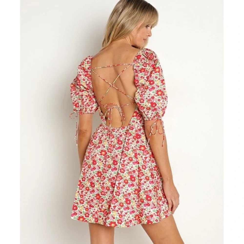 For Love & Lemons XS Floral Puff Sleeve Lace Up Back Mini‎ Dress Red Pink Cotton